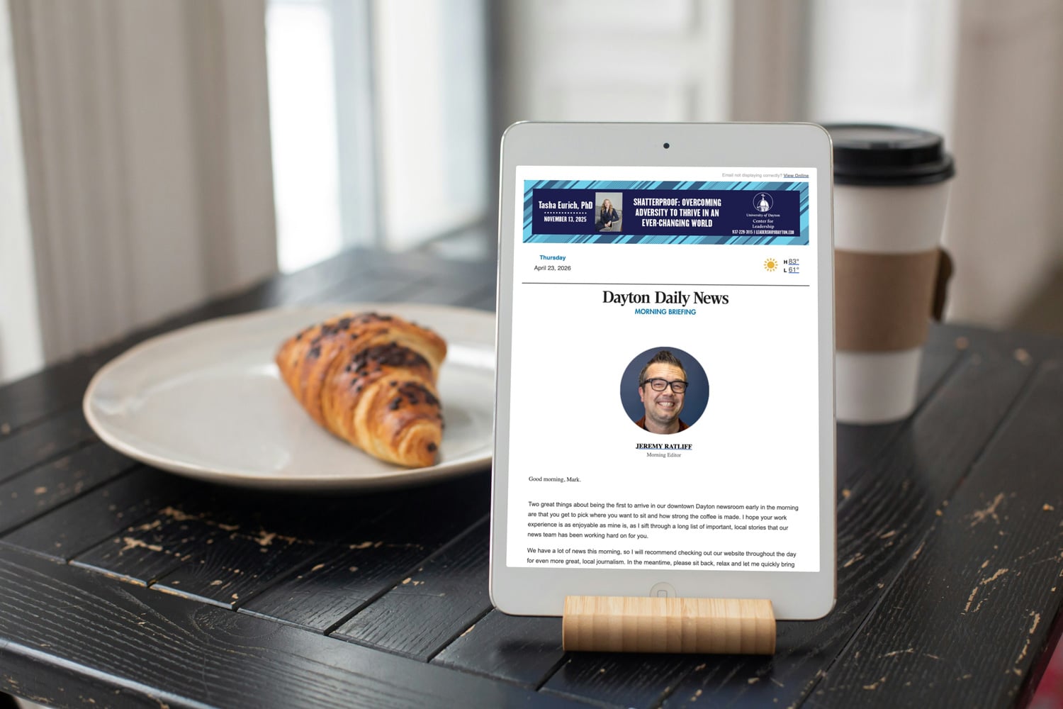 Tablet mockup of Dayton Daily News Morning Briefing newsletter with newsletter sponsorship at top