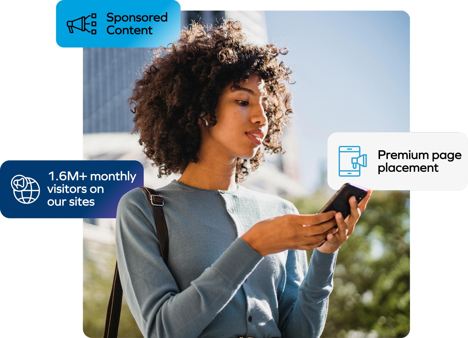Sponsored content, 1.6M+ monthly visitors on our sites, premium page placement